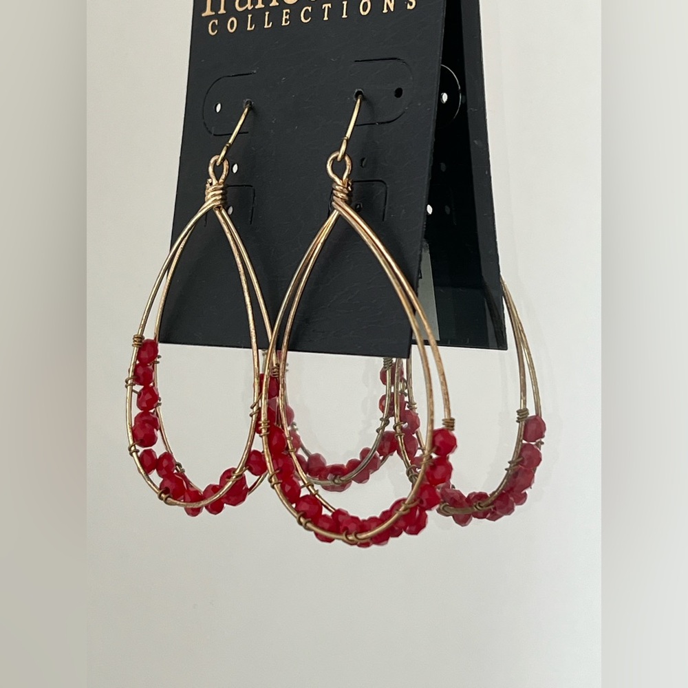 NWT Francesca’s Collection Gold and Red Beaded Dangle Earrings